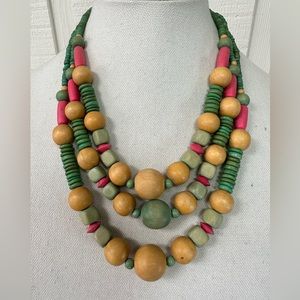 Large triple strand wooden bead statement necklace